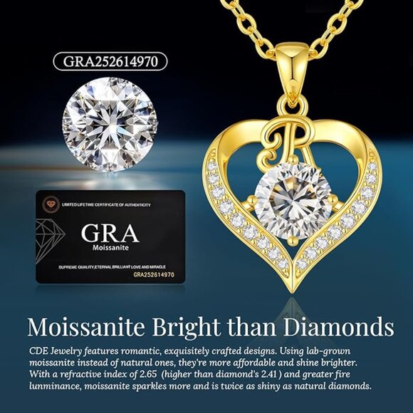 18K Gold Plated Moissanite R Initial Heart Necklace Sterling Silver NWT - Picture 5 of 7